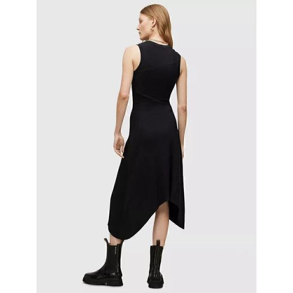 AllSaints Ribbed Knit Gia Asymmetric Midi Dress Women's Black Size 2 - Picture 2 of 9